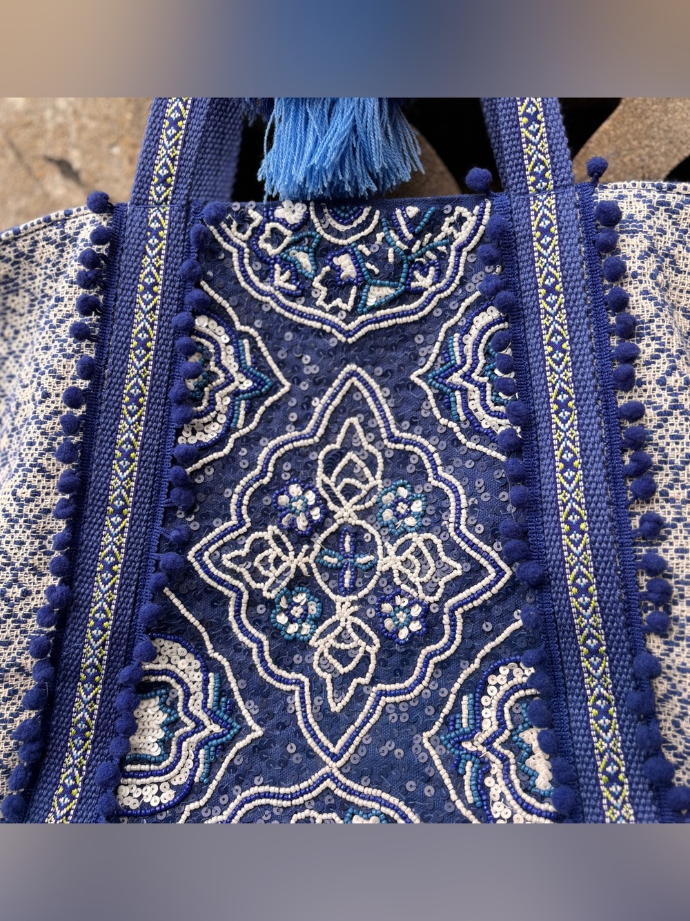 NEW America And Beyond Blue Patterned Tribal Beaded Large Shoulder Bag Boho NWOT - Picture 3 of 12